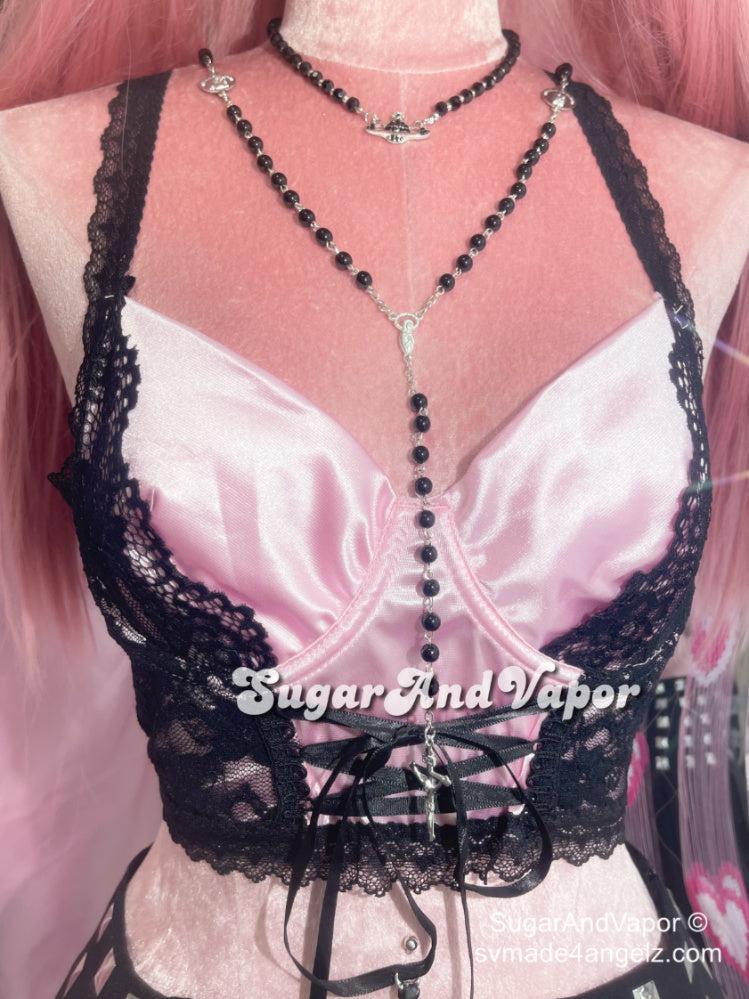 Perdita Black Lace Pink Crop Top-TOPS-SugarAndVapor