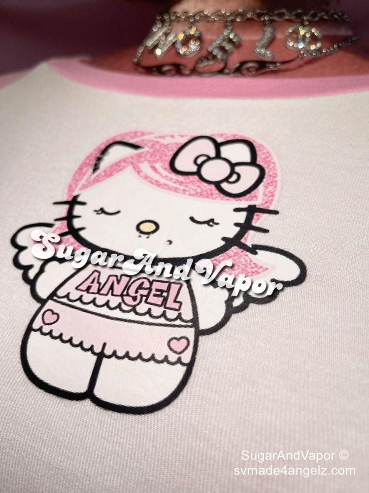Pink Angel Kitty Raglan Crop Tee-TOPS-SugarAndVapor
