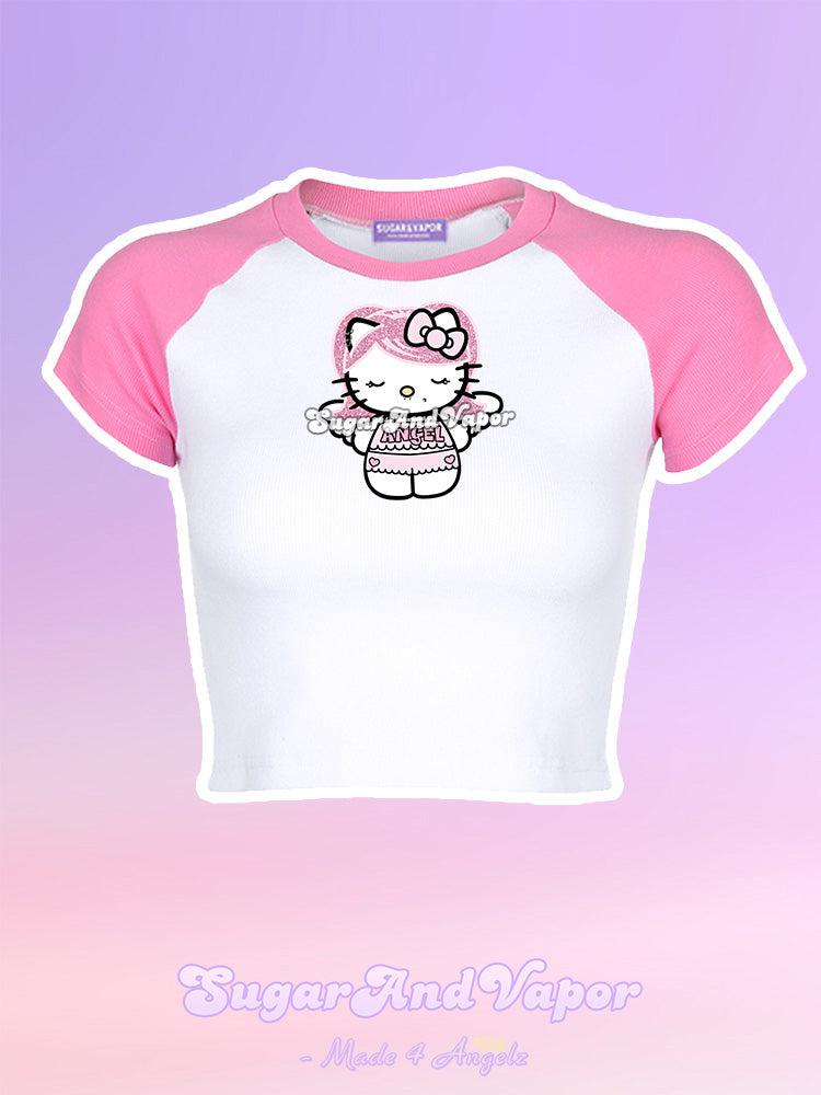 Pink Angel Kitty Raglan Crop Tee-TOPS-SugarAndVapor