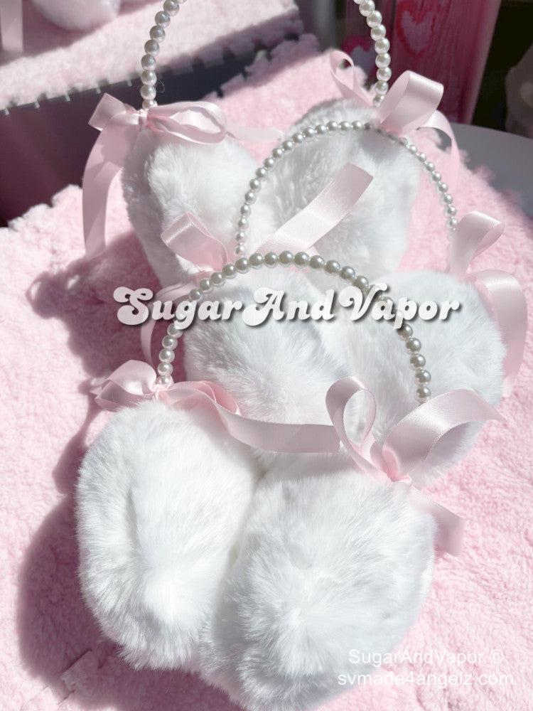 Pink Bow White Furry Warm Earmuffs-Hats-SugarAndVapor