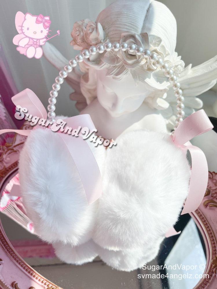 Pink Bow White Furry Warm Earmuffs-Hats-SugarAndVapor
