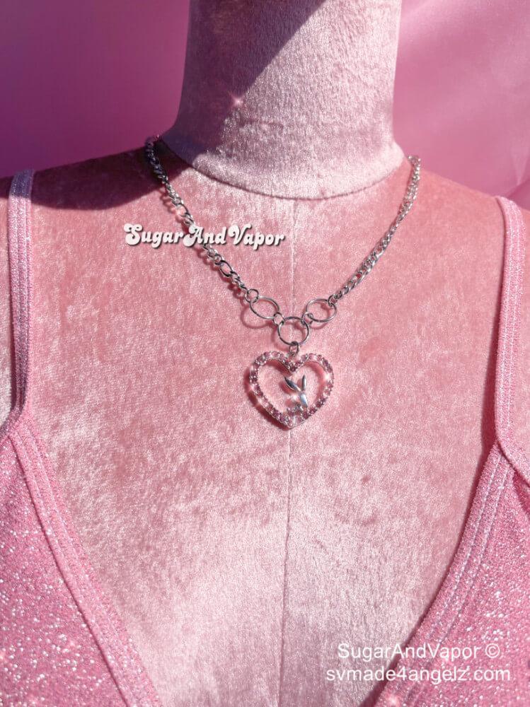 Pink Rhinestones Heart Bunny Choker Necklace-NECKLACES-SugarAndVapor