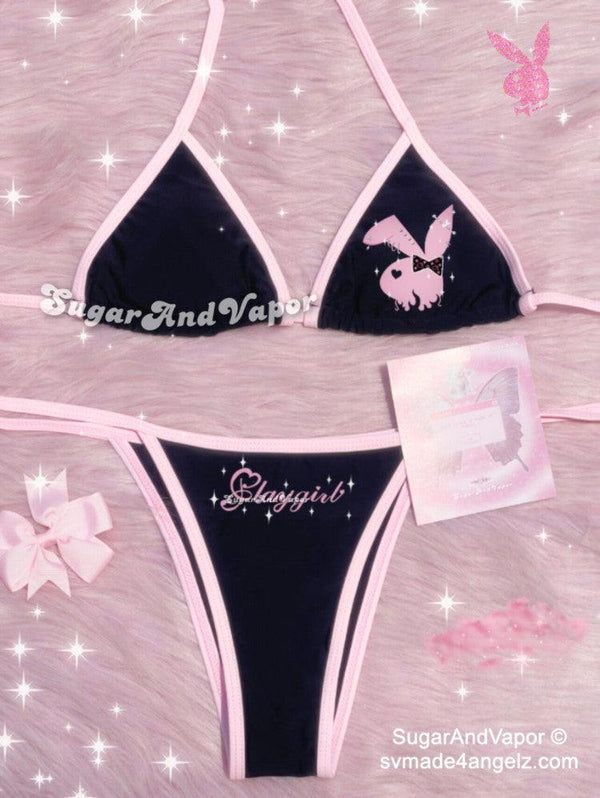 Playgirl Black Pink Bunny Bikini Set-Swimsuits-SugarAndVapor