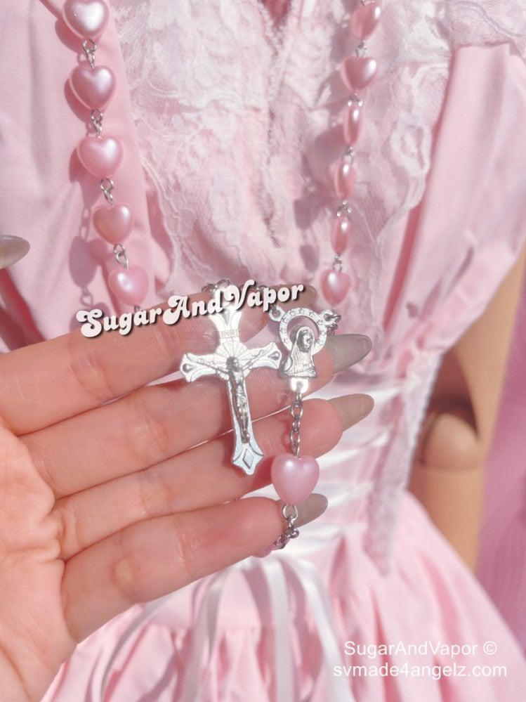 Prayer Pink Heart Chain Cross Necklace-NECKLACES-SugarAndVapor