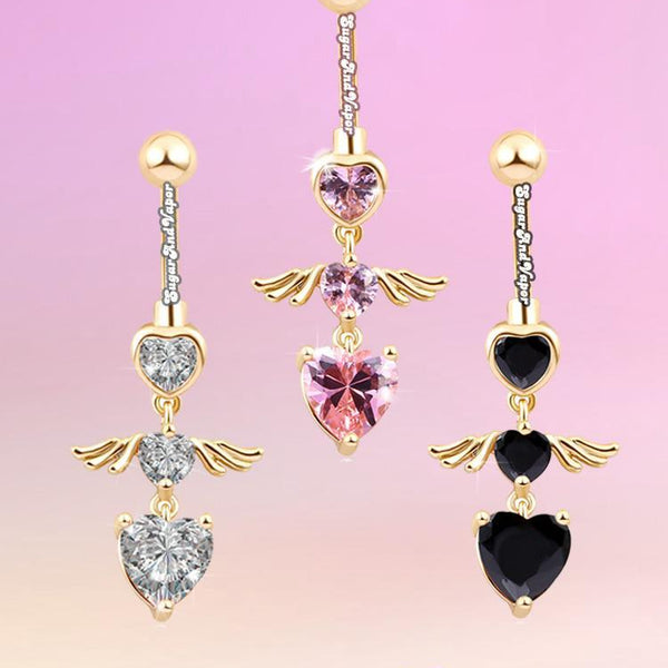 Y2K Crystals Heart Angels Gold Dangle Belly Ring SugarAndVapor