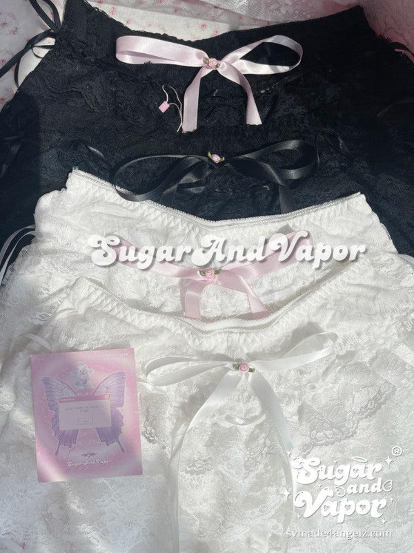 Tiffany Floral Bows Layered Black Lace Skort-Skirts-SugarAndVapor