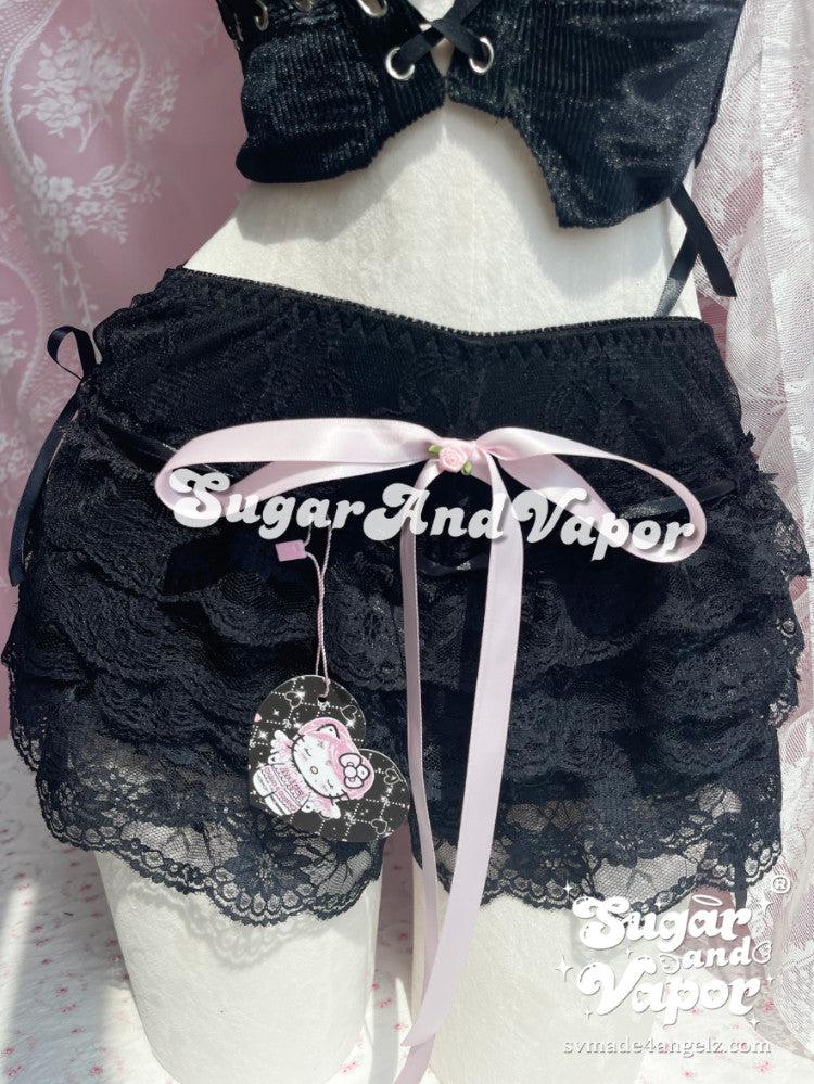 Tiffany Floral Bows Layered Black Lace Skort-Skirts-SugarAndVapor