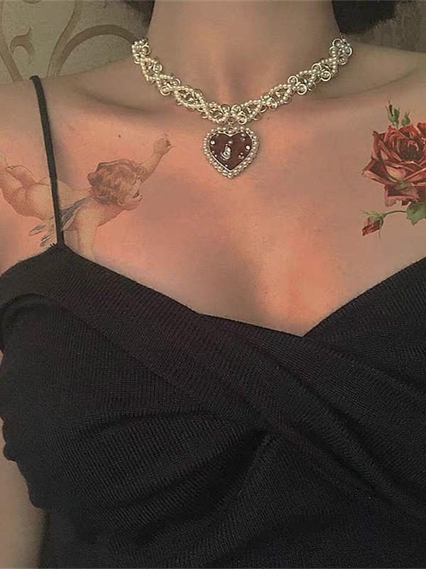 Vintage Hearts Pearls Chain Necklace-NECKLACES-SugarAndVapor
