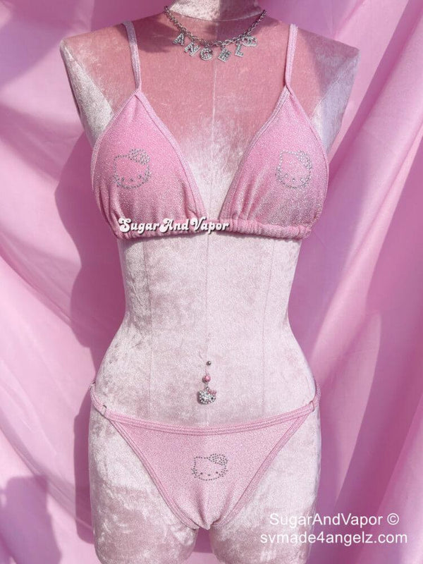 Custom Y2K Bling Kawaii Kitty Glitters Bikini Set-Swimsuits-SugarAndVapor