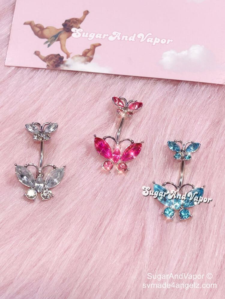 Y2K Crystals Double Butterflies Belly Ring-Belly Ring-SugarAndVapor