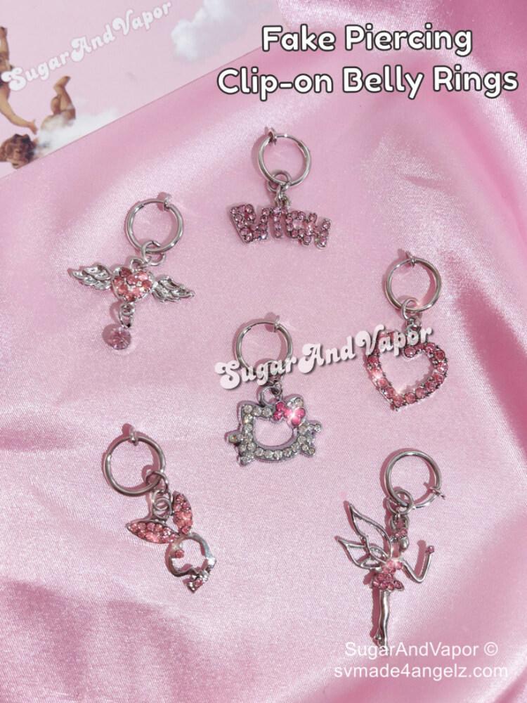 2000s Cute Pink Rhinestones Clip-on Belly Ring- Non Piercing-Belly Ring-SugarAndVapor