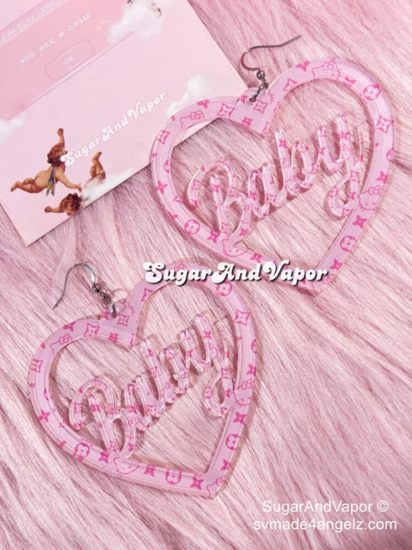 Y2K Pink Kitty Monogram Baby Heart Hoop Earrings-Earrings-SugarAndVapor